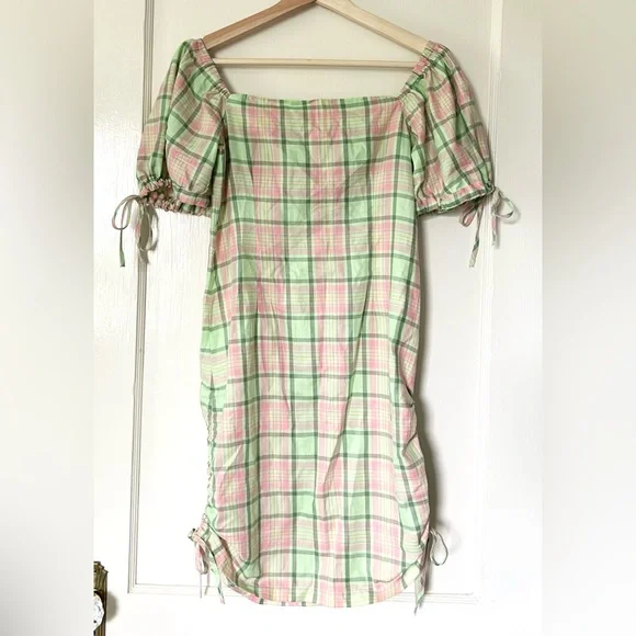 NWT Ragged Priest‎ Memory Cotton Mini Dress Green Pink Plaid XS - Picture 5 of 10